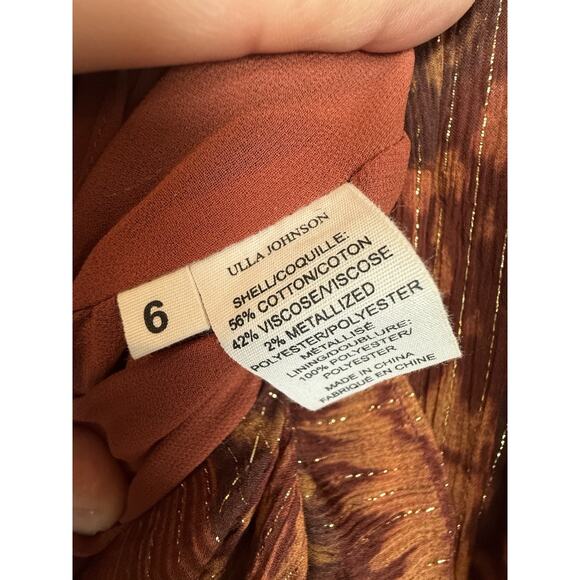 Ulla Johnson Long Sleeve Smocked Multi Brown Midi Dress Brown Rust Size 6 - Picture 9 of 11